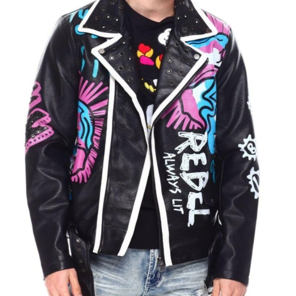R3bel Punk Skull Biker Faux Leather Moto Jacket Men's Size L Black